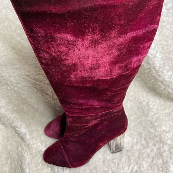 Ashley Stewart Fabric suede Burgundy knee high clear heel boots SZ9W - Picture 3 of 13